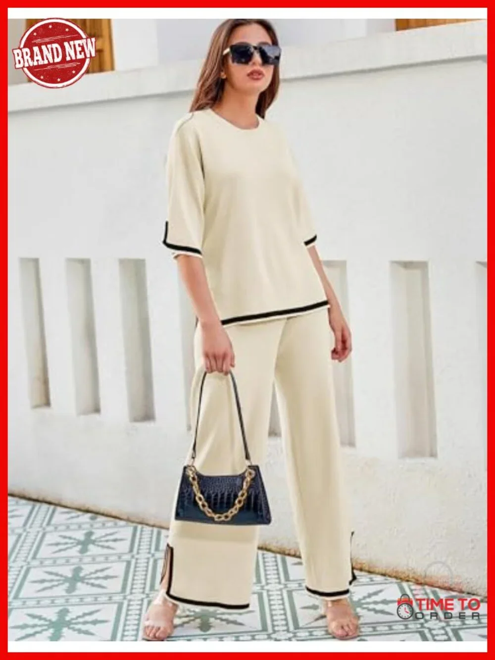 Knit 2 Piece Lounge Set Short Sleeve Pullover Wide Leg Pants